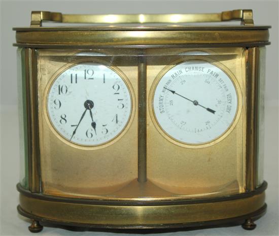 An early 20th century Duvernoy brass combined carriage timepiece and barometer, width 6in.